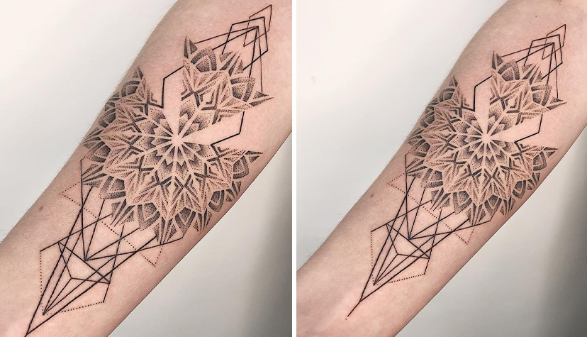 Tatuaż linearny Linework, wzór, mandala