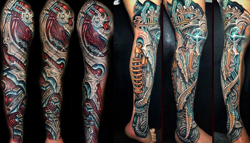 Kolorowy tatuaż Biomechanika męski ręka przedramię