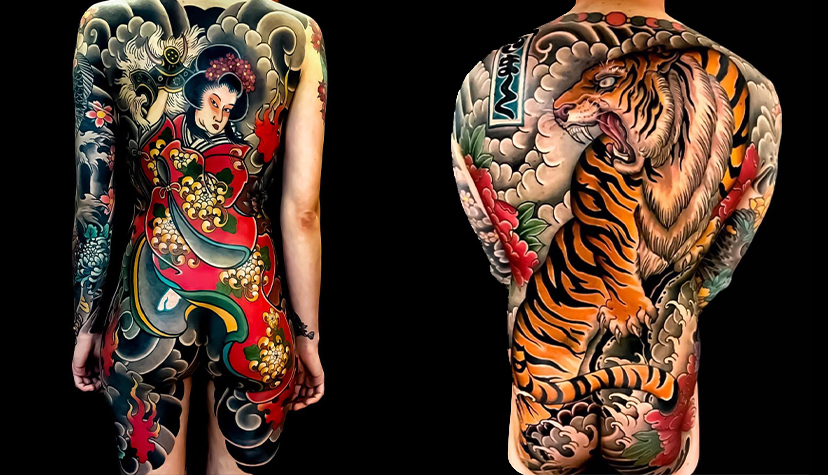 Tatuaż Japoński kostium maska kwiaty wąż, tygrys, sakura.