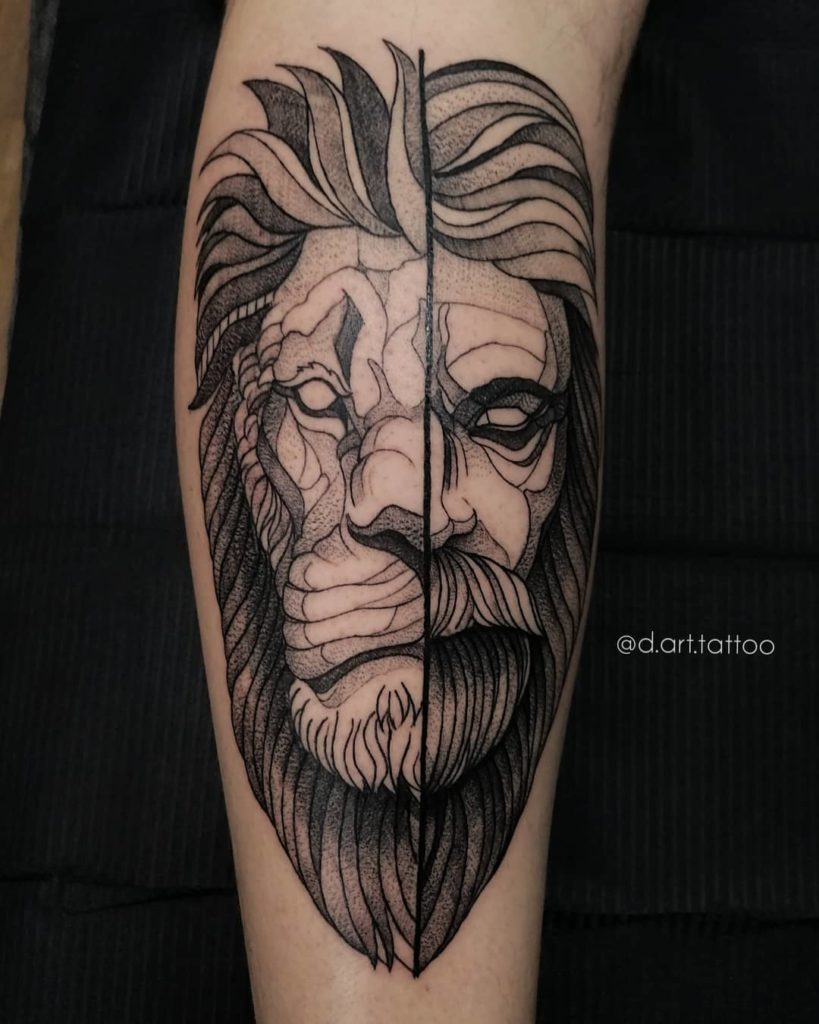 Tatuaż głowa lwa podzielona i z drugiej strony Dziadek znaczenie dla mężczyzn i kobiet