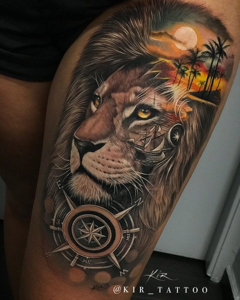 Tatuaż lwa z kosmosem i plaża z słońcem na udzie znaczenie dla mężczyzn i kobiet