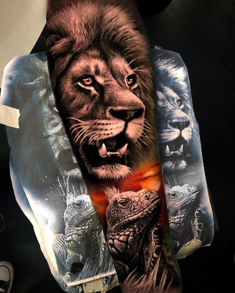 Tatuaż zły lew na bicepsie z jaszczurka na przedramieniu Znaczenie dla mężczyzn i kobiet