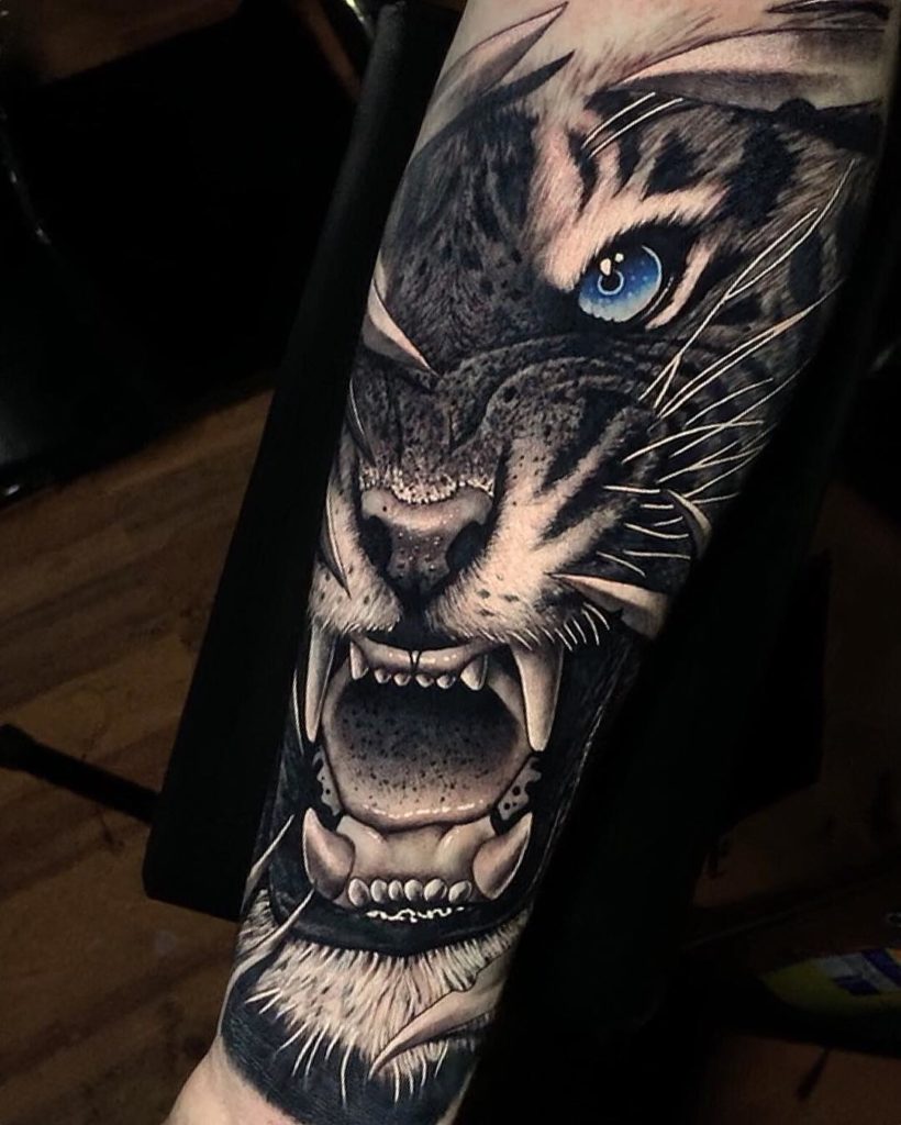 Tatuaż głowa białego tygrysa z niebieskim okiem na przedramieniu dla mężczyzn i kobiet