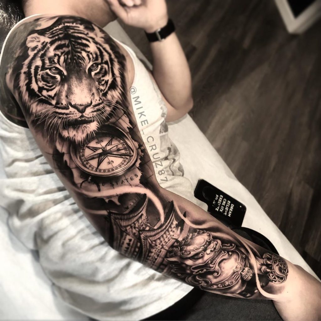 Tatuaż głowa tygrysa, zegarek, japoński na przedramieniu, ramieniu, rękaw dla mężczyzn i kobiet